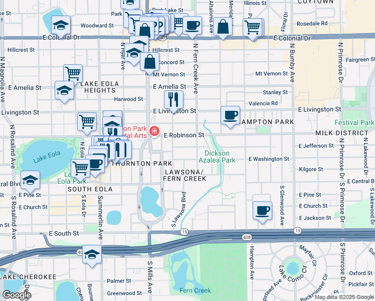 map of restaurants, bars, coffee shops, grocery stores, and more near 1415 East Jefferson Street in Orlando
