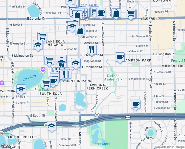 map of restaurants, bars, coffee shops, grocery stores, and more near 1415 East Jefferson Street in Orlando