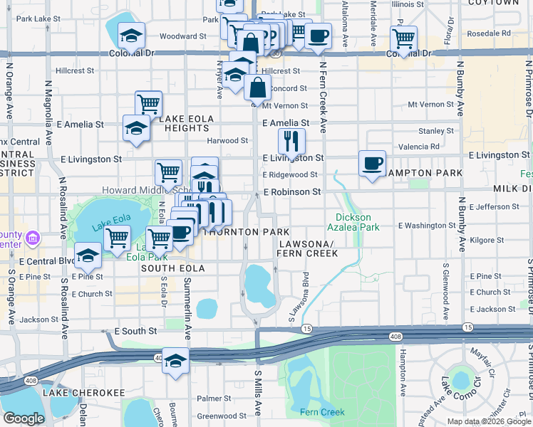 map of restaurants, bars, coffee shops, grocery stores, and more near 213 North Brown Avenue in Orlando