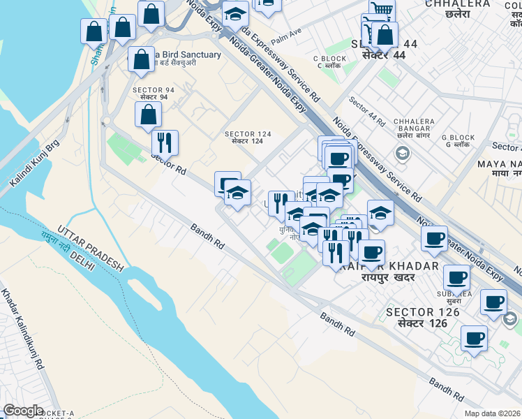 map of restaurants, bars, coffee shops, grocery stores, and more near in Noida