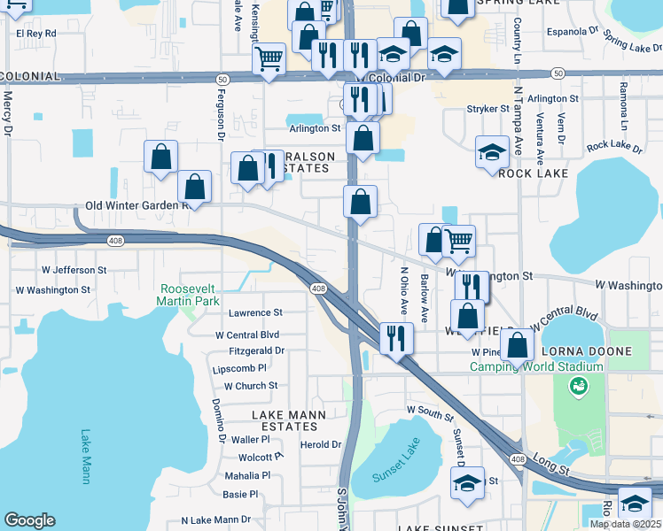 map of restaurants, bars, coffee shops, grocery stores, and more near 3007 Washington Avenue in Orlando
