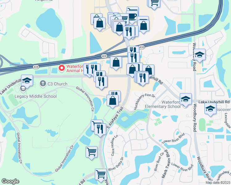 map of restaurants, bars, coffee shops, grocery stores, and more near Huckleberry Finn Dr in Orlando