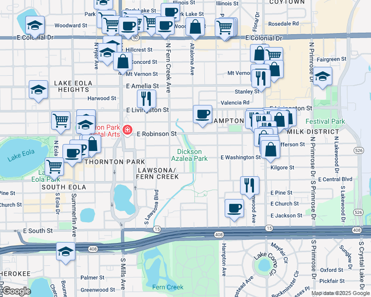 map of restaurants, bars, coffee shops, grocery stores, and more near 119 Celia Lane in Orlando