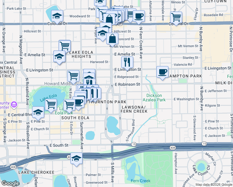 map of restaurants, bars, coffee shops, grocery stores, and more near 213 North Brown Avenue in Orlando
