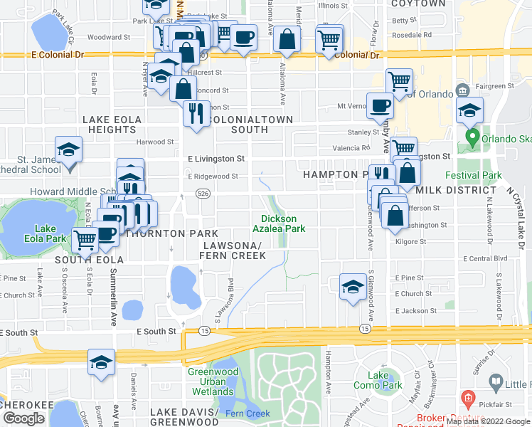 map of restaurants, bars, coffee shops, grocery stores, and more near 1620 East Jefferson Street in Orlando