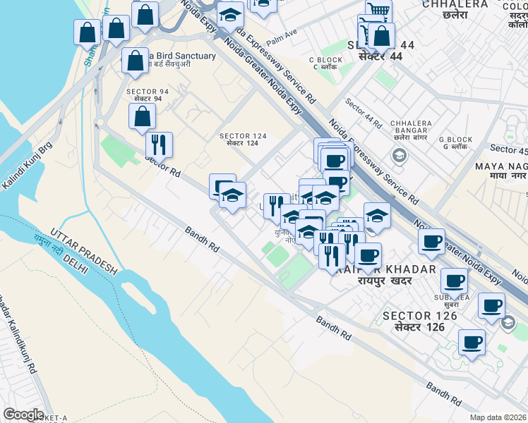 map of restaurants, bars, coffee shops, grocery stores, and more near in Noida
