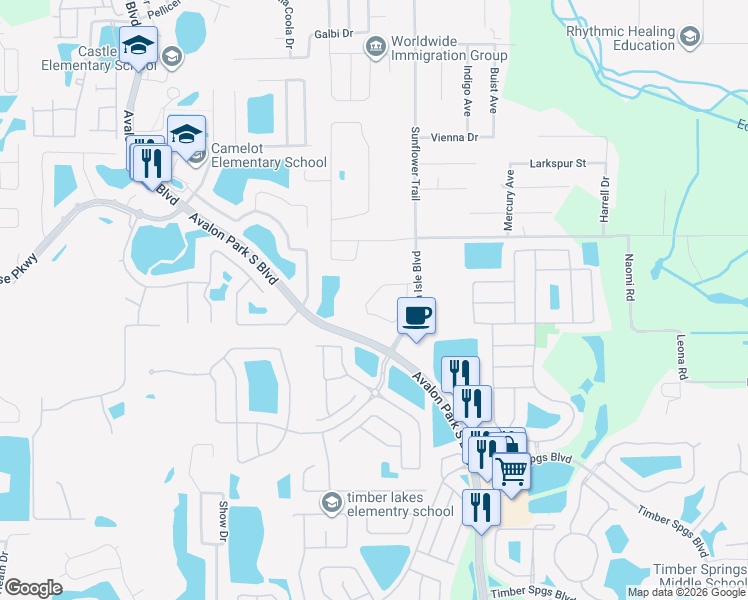 map of restaurants, bars, coffee shops, grocery stores, and more near 306 Sunflower Trail in Orlando