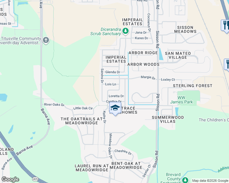 map of restaurants, bars, coffee shops, grocery stores, and more near 885 Penny Drive in Titusville