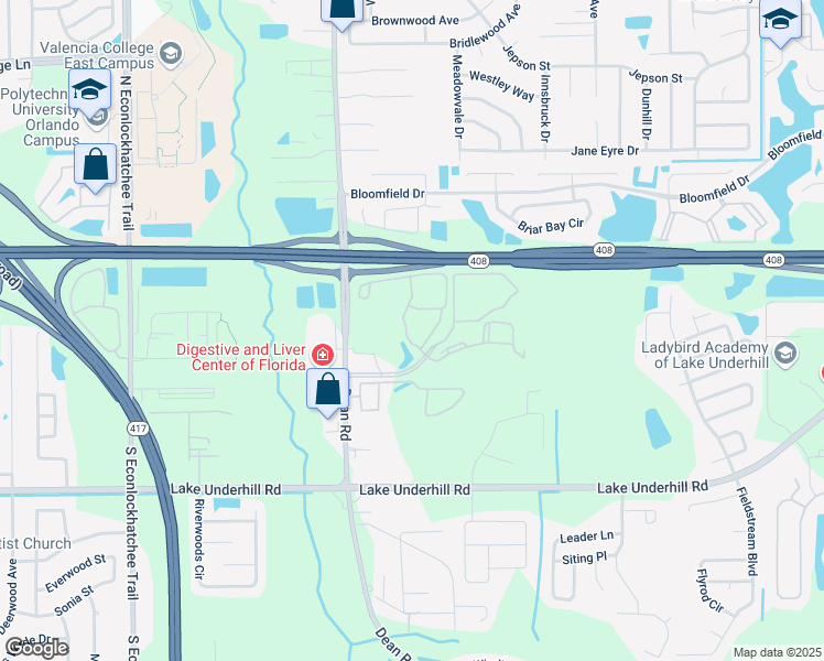 map of restaurants, bars, coffee shops, grocery stores, and more near 10050 Dylan Street in Orlando