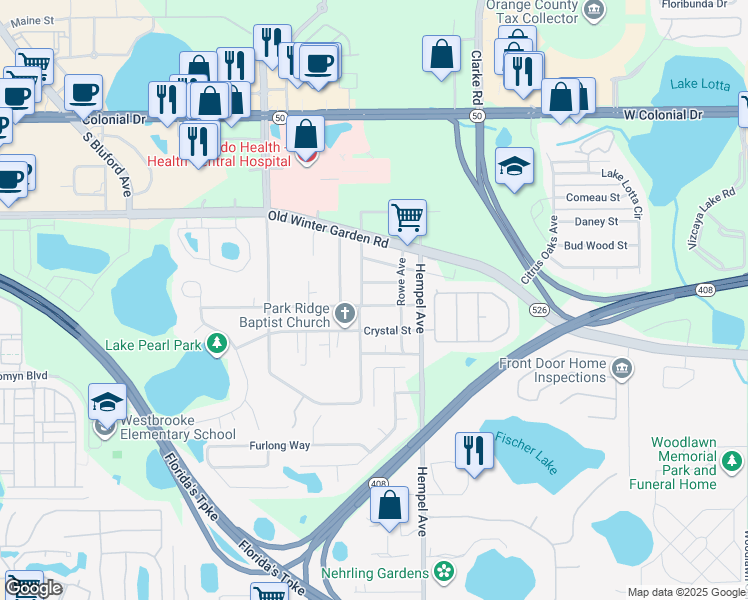 map of restaurants, bars, coffee shops, grocery stores, and more near 3681 Seminole Street in Gotha