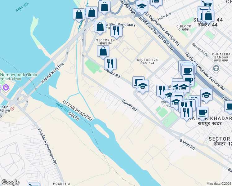 map of restaurants, bars, coffee shops, grocery stores, and more near Sector Road in New Okhla Industrial Development Area