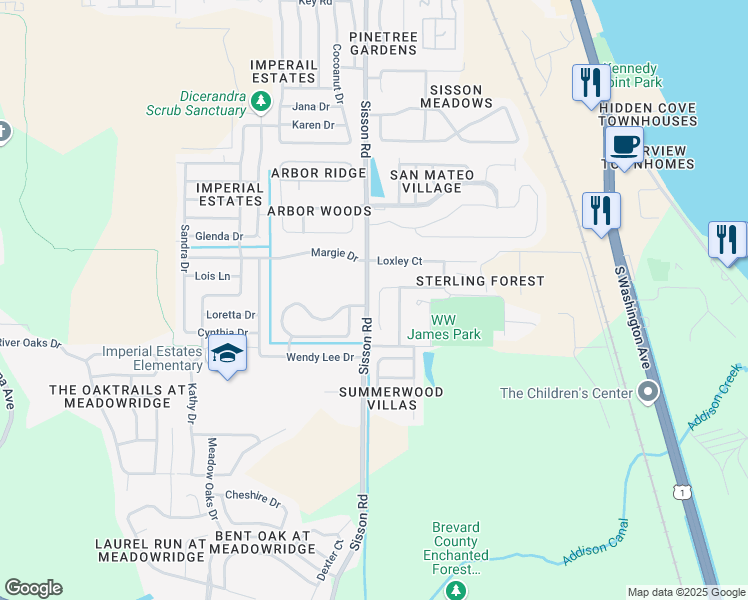 map of restaurants, bars, coffee shops, grocery stores, and more near 722 Marian Court in Titusville