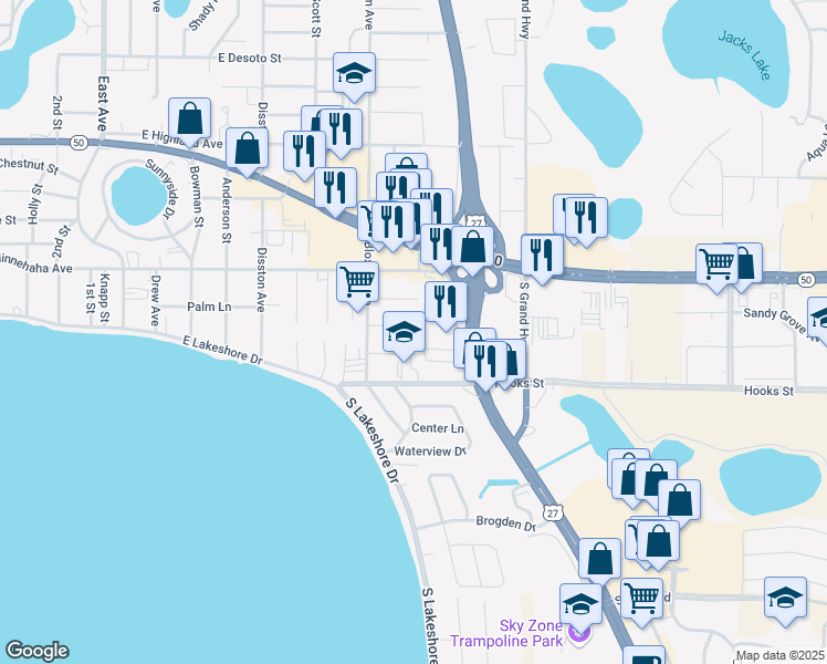 map of restaurants, bars, coffee shops, grocery stores, and more near 789 Oak Drive in Clermont