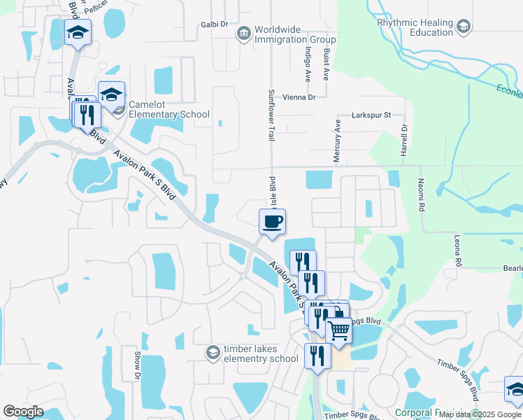 map of restaurants, bars, coffee shops, grocery stores, and more near 306 Sunflower Trail in Orlando