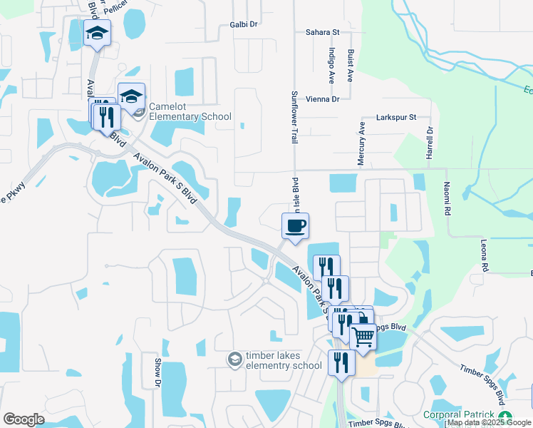 map of restaurants, bars, coffee shops, grocery stores, and more near 306 Sunflower Trail in Orlando