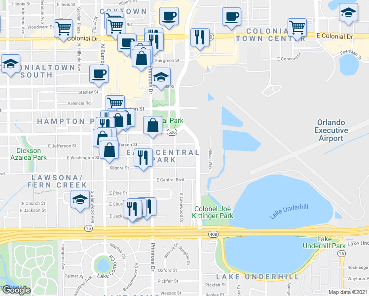map of restaurants, bars, coffee shops, grocery stores, and more near 3018 East Jefferson Street in Orlando