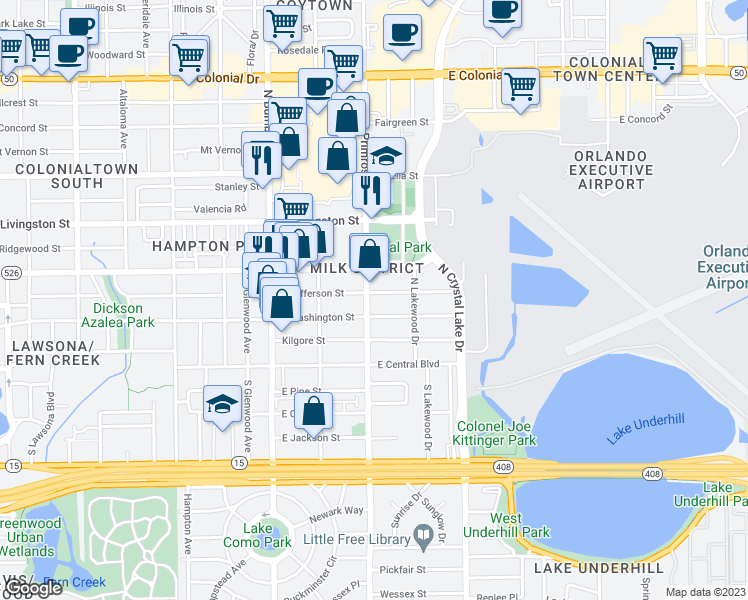 map of restaurants, bars, coffee shops, grocery stores, and more near 2714 East Jefferson Street in Orlando