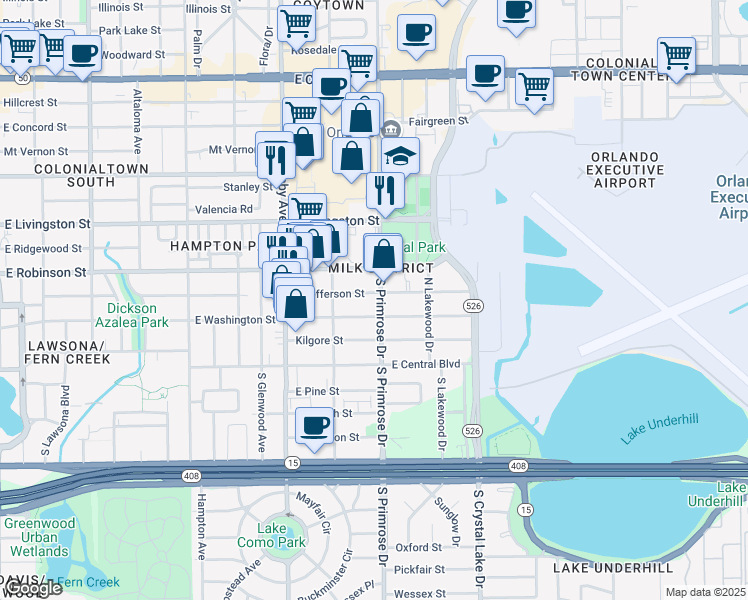 map of restaurants, bars, coffee shops, grocery stores, and more near 2714 East Jefferson Street in Orlando