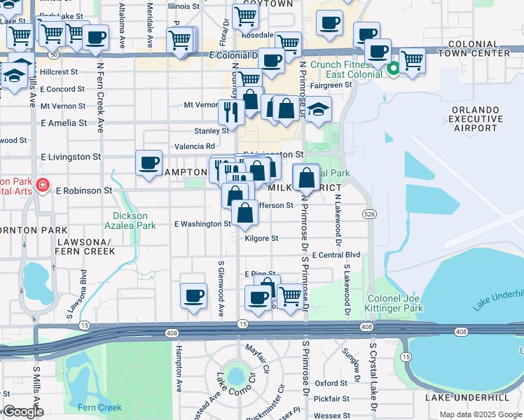 map of restaurants, bars, coffee shops, grocery stores, and more near 2433 East Jefferson Street in Orlando