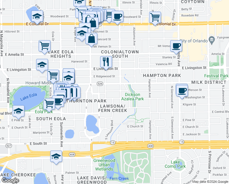 map of restaurants, bars, coffee shops, grocery stores, and more near 1415 East Jefferson Street in Orlando