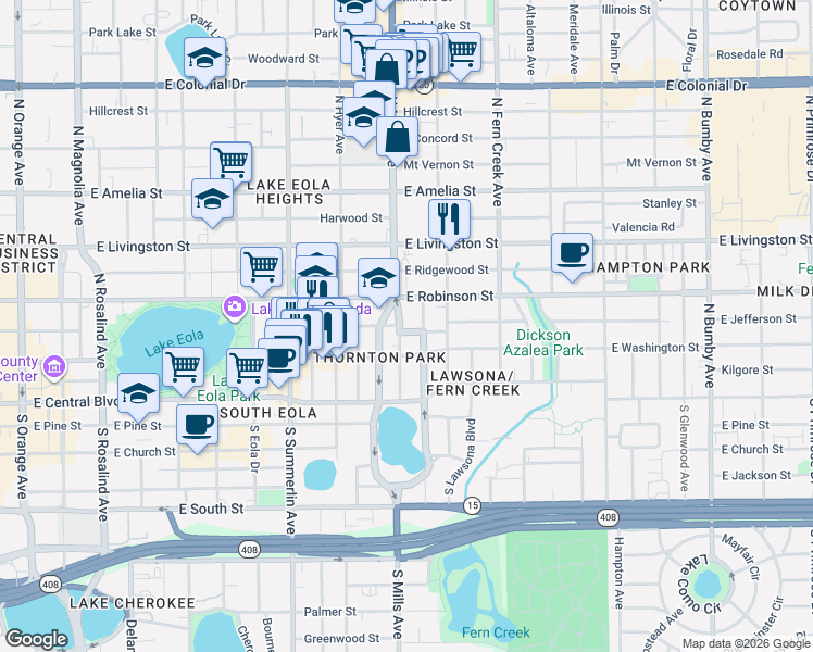 map of restaurants, bars, coffee shops, grocery stores, and more near 1115 East Jefferson Street in Orlando