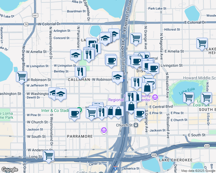 map of restaurants, bars, coffee shops, grocery stores, and more near 500 West Robinson Street in Orlando