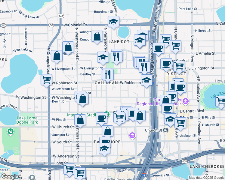 map of restaurants, bars, coffee shops, grocery stores, and more near 651 West Jefferson Street in Orlando