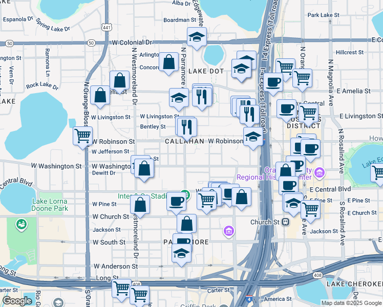 map of restaurants, bars, coffee shops, grocery stores, and more near 651 West Jefferson Street in Orlando
