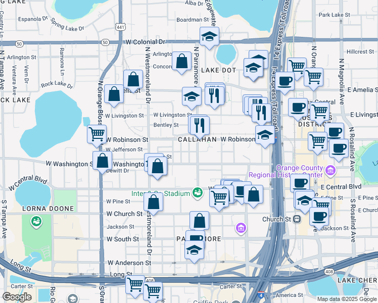 map of restaurants, bars, coffee shops, grocery stores, and more near in Orlando