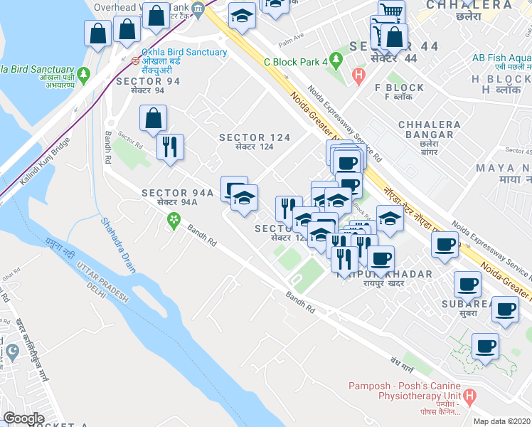 map of restaurants, bars, coffee shops, grocery stores, and more near in Noida