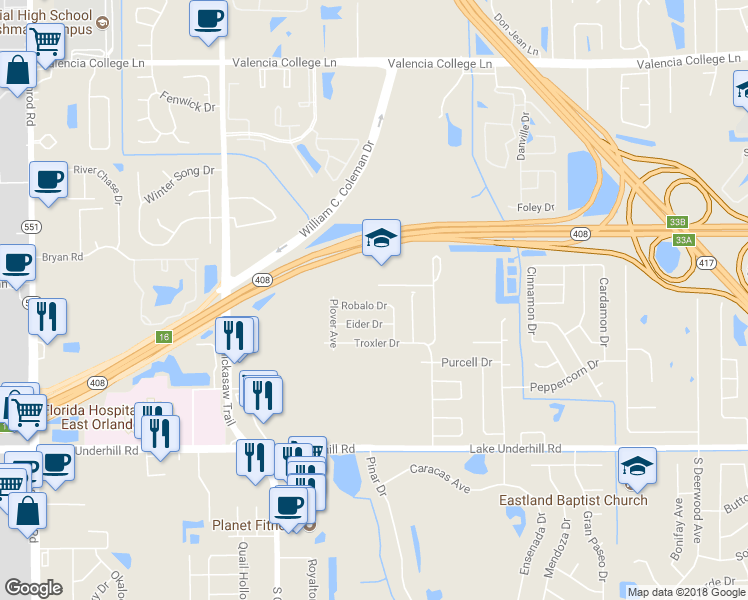map of restaurants, bars, coffee shops, grocery stores, and more near 8163 Robalo Drive in Orlando