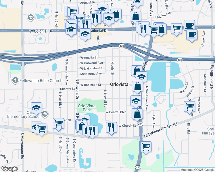 map of restaurants, bars, coffee shops, grocery stores, and more near 217 North Nowell Street in Orlando