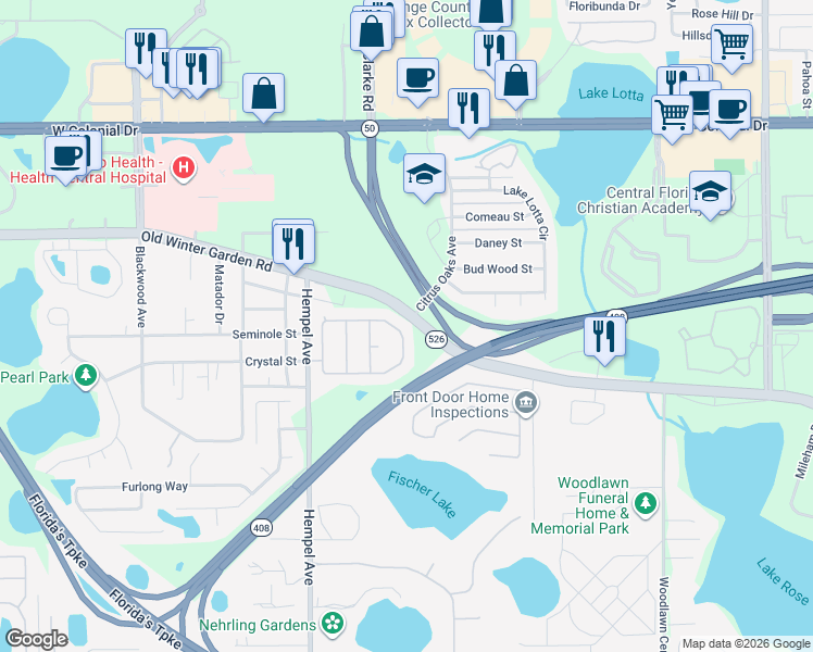 map of restaurants, bars, coffee shops, grocery stores, and more near 3939 Shadowind Way in Gotha