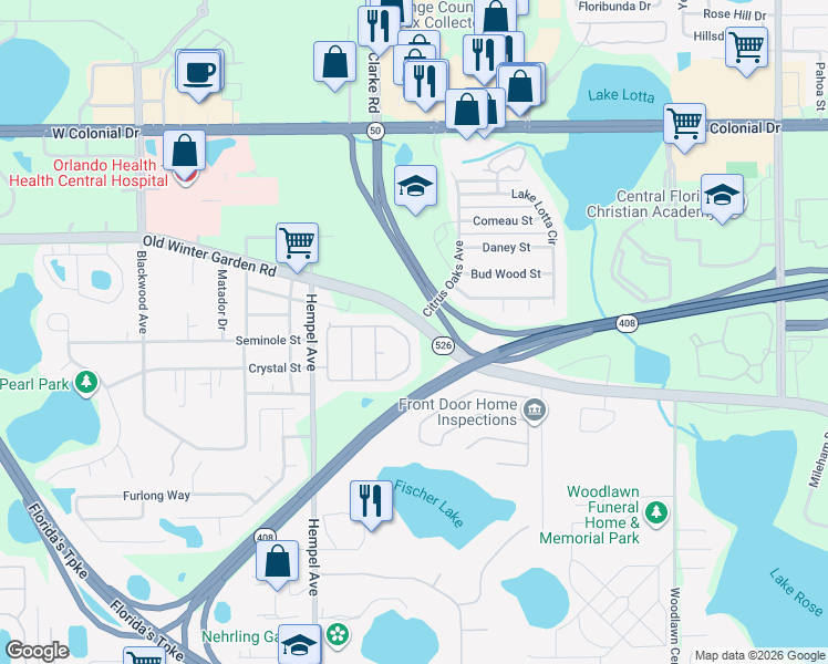 map of restaurants, bars, coffee shops, grocery stores, and more near 3939 Shadowind Way in Gotha