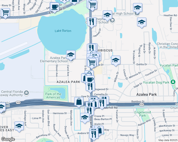 map of restaurants, bars, coffee shops, grocery stores, and more near 53 South Semoran Boulevard in Orlando