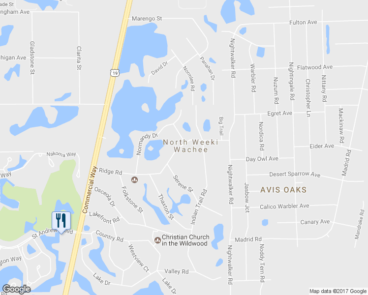 map of restaurants, bars, coffee shops, grocery stores, and more near 8130 Ridge Road in Weeki Wachee