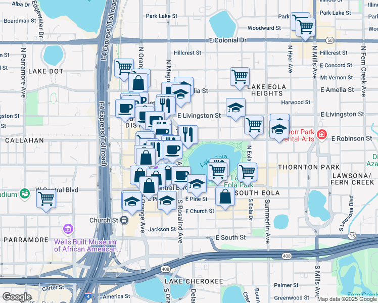map of restaurants, bars, coffee shops, grocery stores, and more near 211 Eola Parkway in Orlando