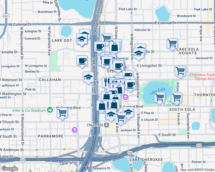 map of restaurants, bars, coffee shops, grocery stores, and more near 111 West Jefferson Street in Orlando