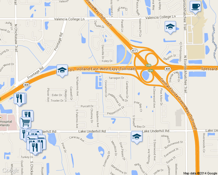 map of restaurants, bars, coffee shops, grocery stores, and more near 8609 Savory Drive in Orlando