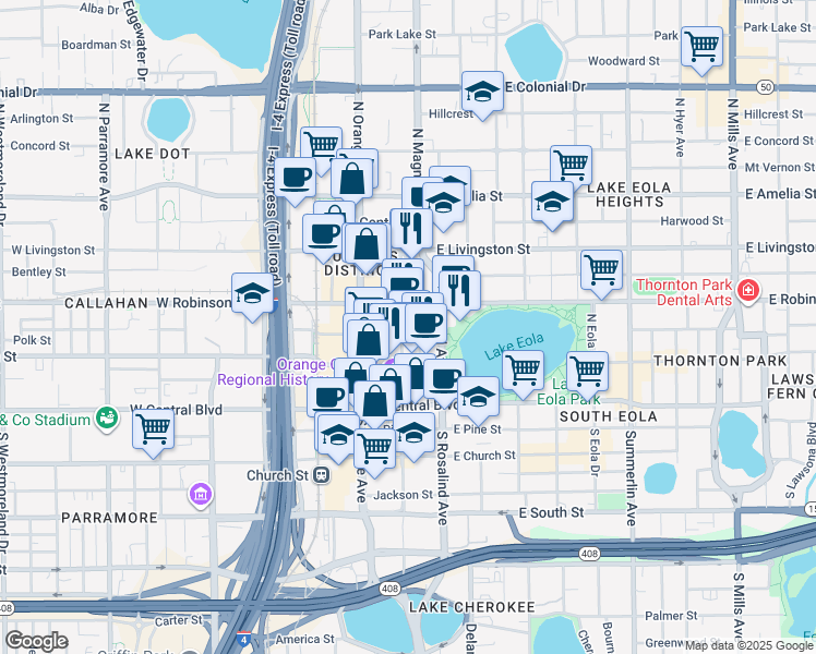 map of restaurants, bars, coffee shops, grocery stores, and more near 150 East Robinson Street in Orlando