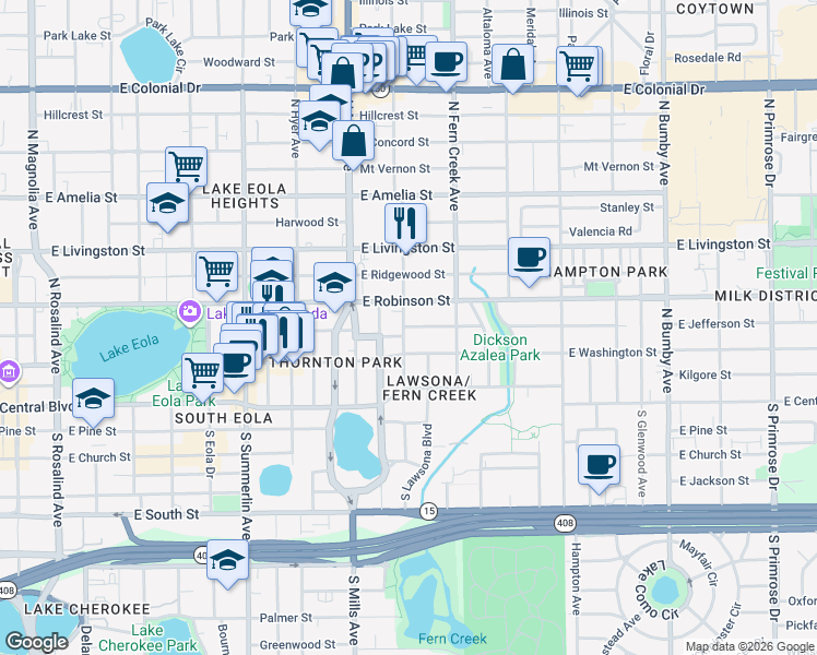 map of restaurants, bars, coffee shops, grocery stores, and more near 1415 East Jefferson Street in Orlando