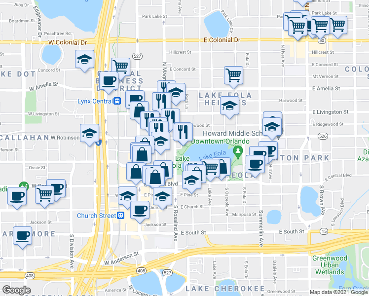 map of restaurants, bars, coffee shops, grocery stores, and more near 211 Eola Parkway in Orlando