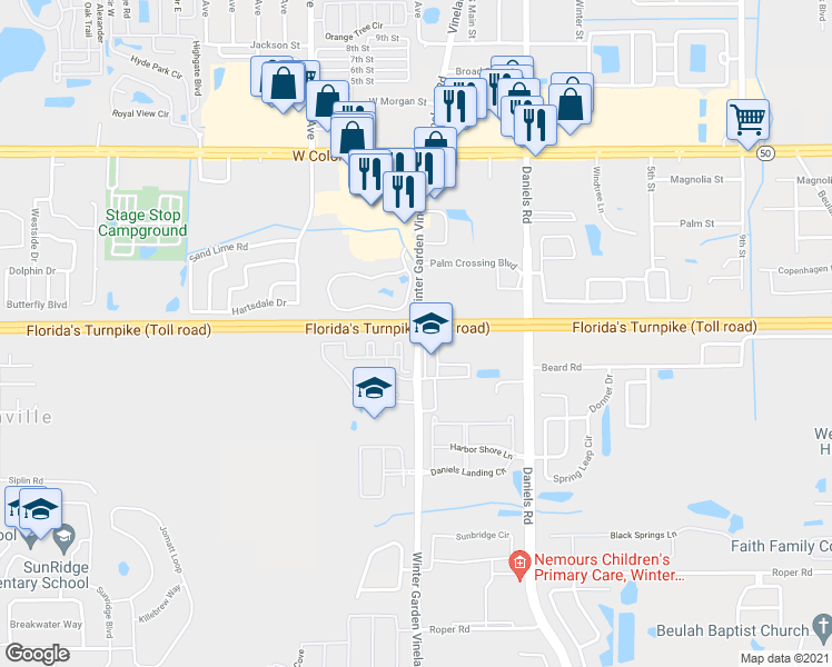 map of restaurants, bars, coffee shops, grocery stores, and more near 2010 County Road 535 in Winter Garden