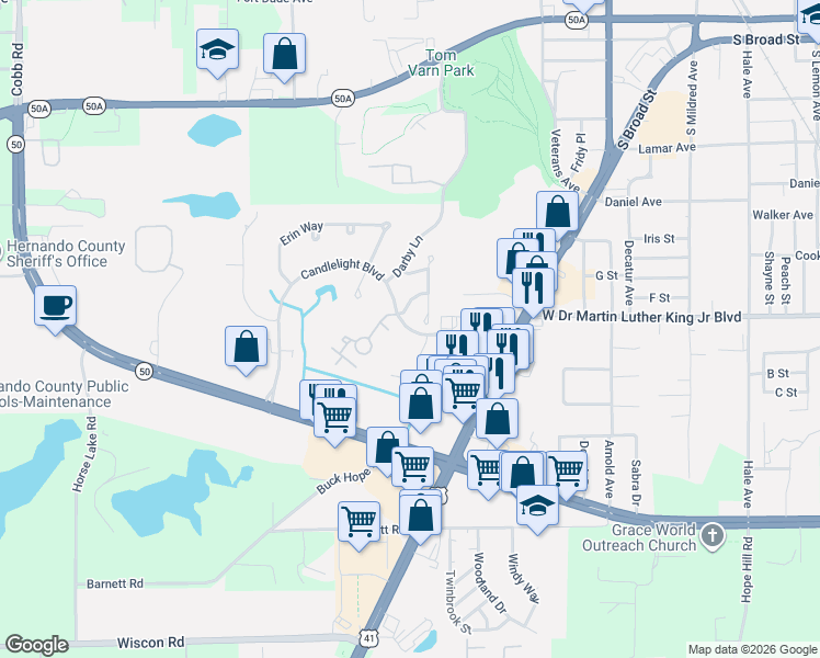 map of restaurants, bars, coffee shops, grocery stores, and more near 998 Candlelight Boulevard in Brooksville