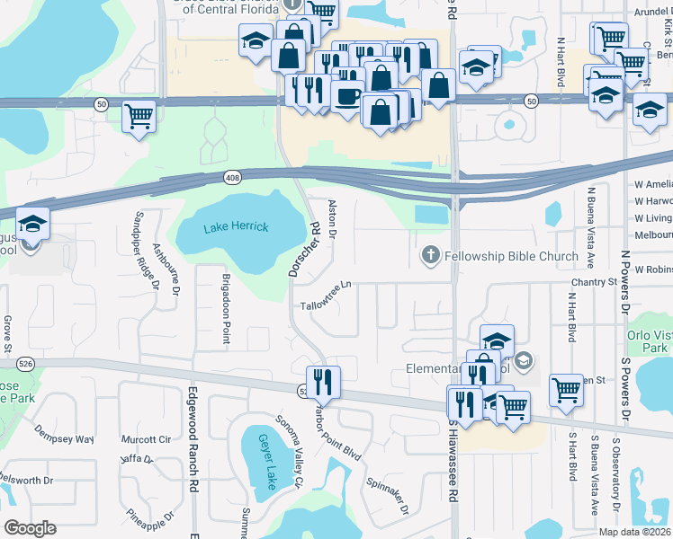 map of restaurants, bars, coffee shops, grocery stores, and more near 305 Alston Drive in Orlando