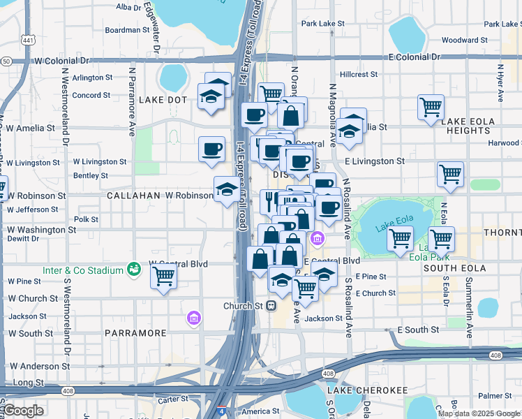 map of restaurants, bars, coffee shops, grocery stores, and more near 111 West Jefferson Street in Orlando