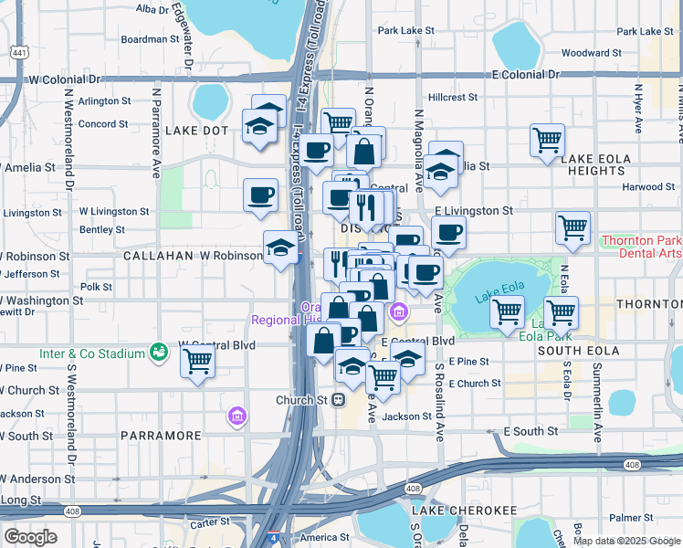 map of restaurants, bars, coffee shops, grocery stores, and more near 111 West Jefferson Street in Orlando