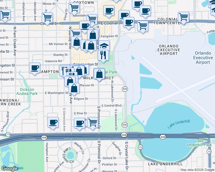 map of restaurants, bars, coffee shops, grocery stores, and more near 2908 East Jefferson Street in Orlando