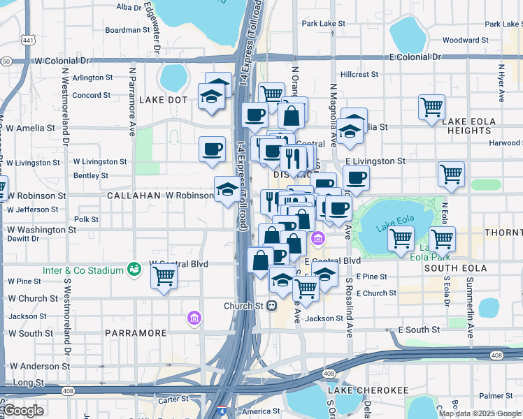 map of restaurants, bars, coffee shops, grocery stores, and more near 111 West Jefferson Street in Orlando