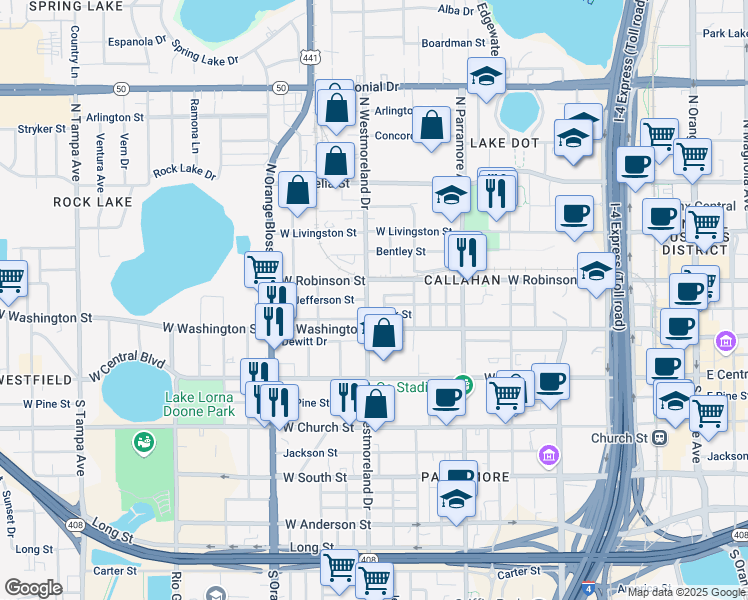 map of restaurants, bars, coffee shops, grocery stores, and more near 215 North Westmoreland Drive in Orlando